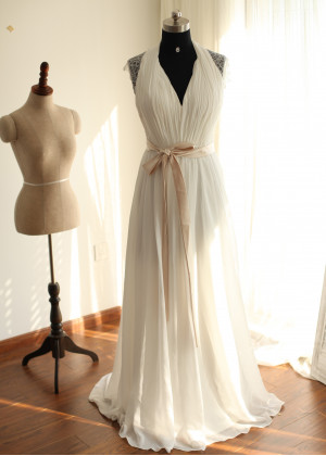 Boho Halter Lace Chiffon Long Wedding Dress